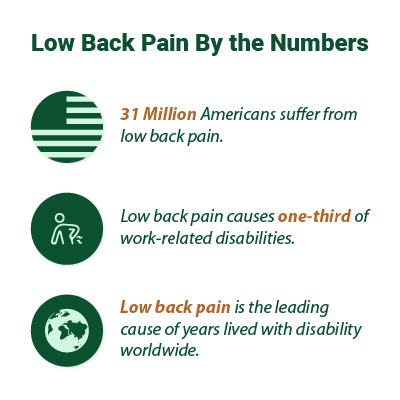Graphic which states that low back pain afflicts 31 million Americans, causes one-third of work-related disabilities, and is the world's leading cause of years lived with disability (YLD).