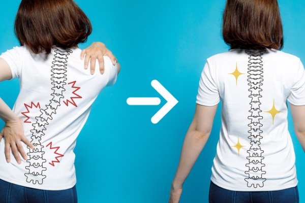 A graphic showing incorrect and correct posture for neck pain relief. 