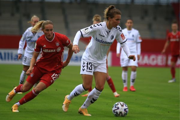 Women playing soccer on a sports field